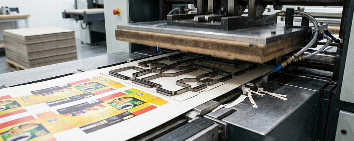 Industrial flatbed die-cutting machine pressing a custom metal die into a printed paperboard sheet, showing what is diecut