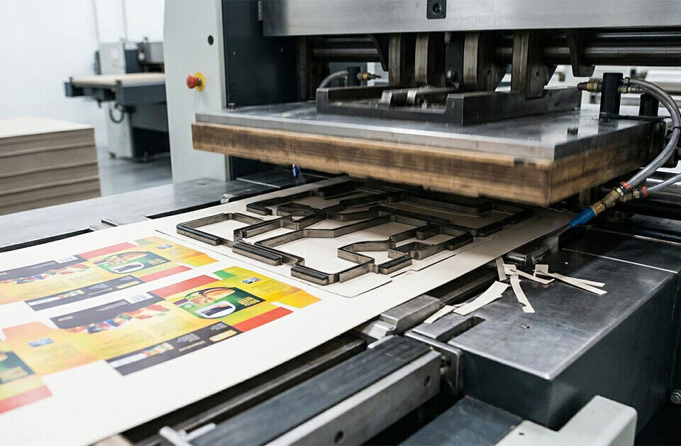 Industrial flatbed die-cutting machine pressing a custom metal die into a printed paperboard sheet, showing what is diecut