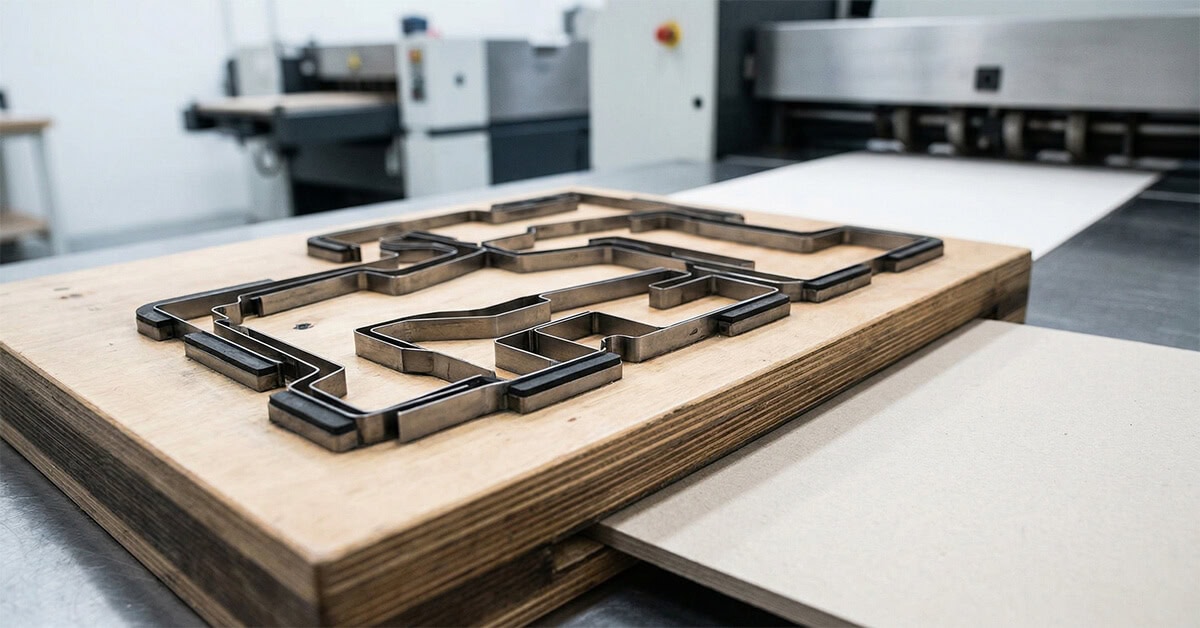 Close-up of a custom steel rule die embedded in a wooden base for paper manufacturing.