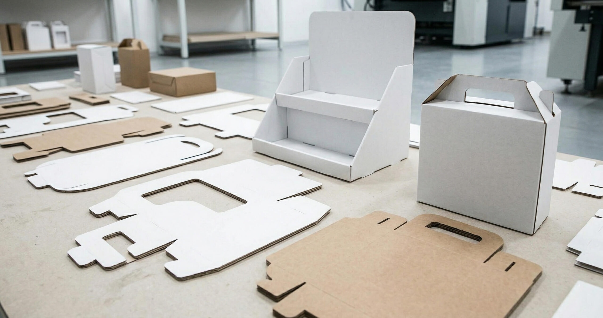Several flat, unassembled diecut paperboard packaging blanks displaying unique shapes, cutouts, and score lines.