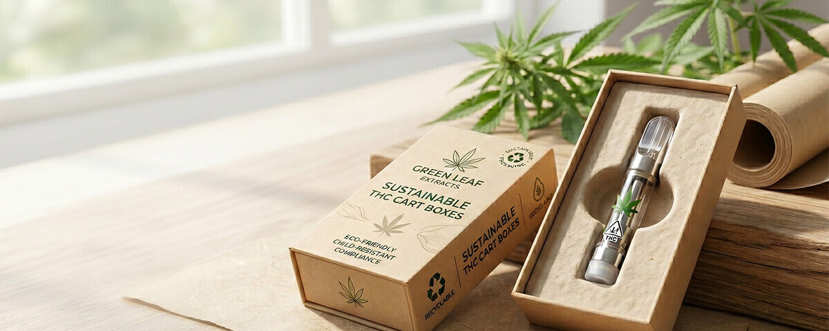 Eco-friendly kraft paper THC cart boxes displaying a plastic-free custom insert and a glass cartridge.