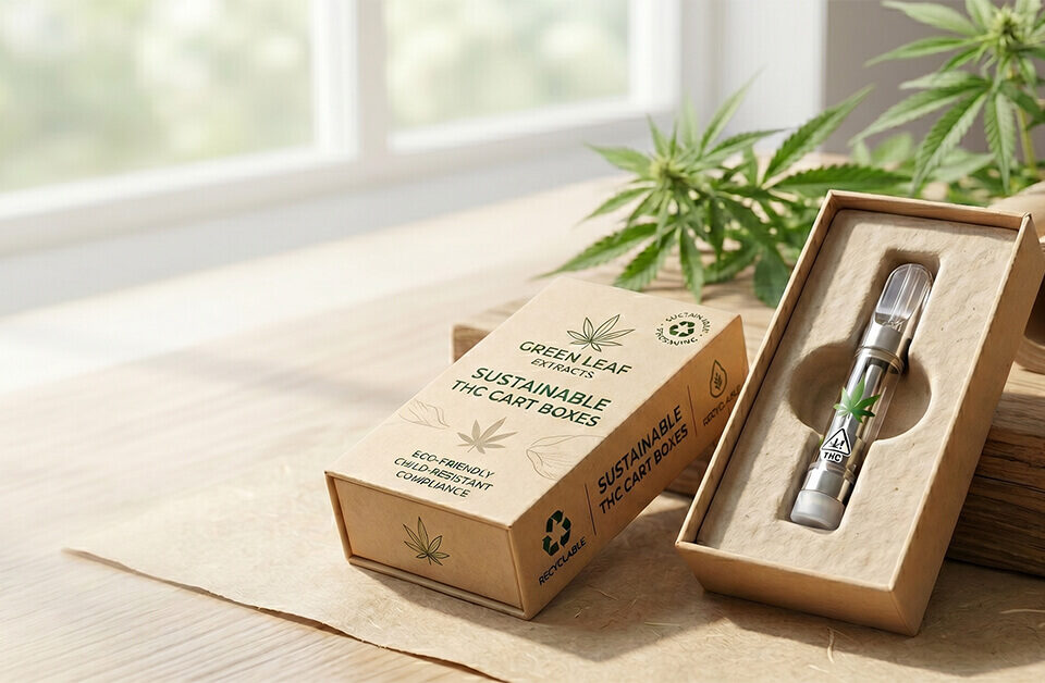Eco-friendly kraft paper THC cart boxes displaying a plastic-free custom insert and a glass cartridge.