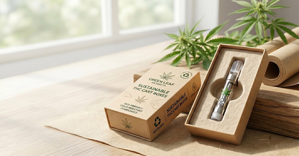 Eco-friendly kraft paper THC cart boxes displaying a plastic-free custom insert and a glass cartridge.