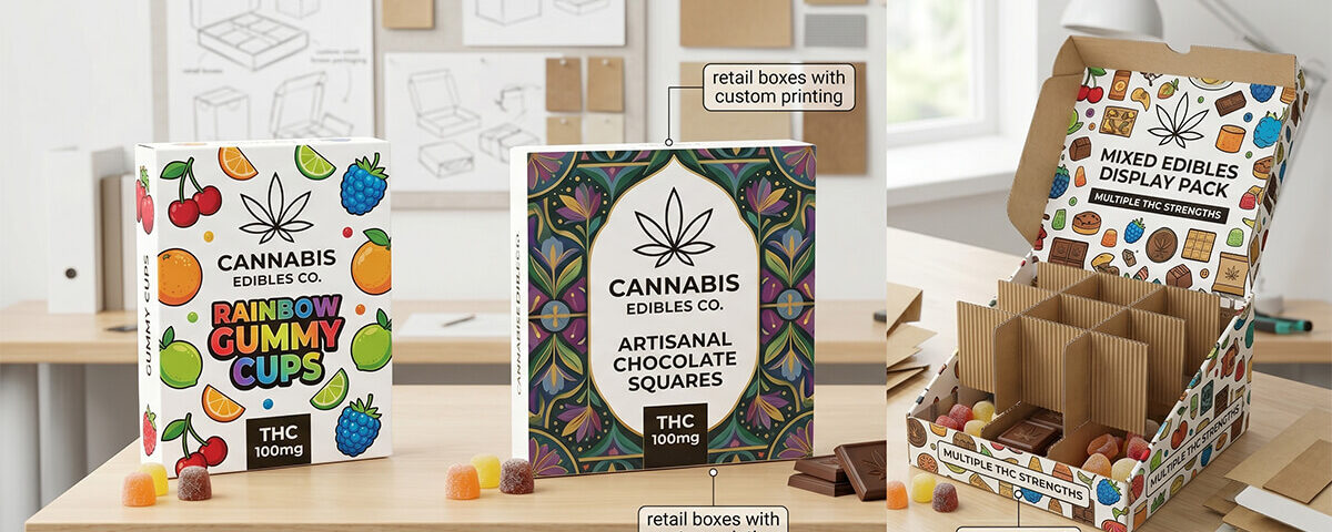 Colorful custom retail boxes and an open display box with dividers for cannabis edibles displayed on a wooden desk.