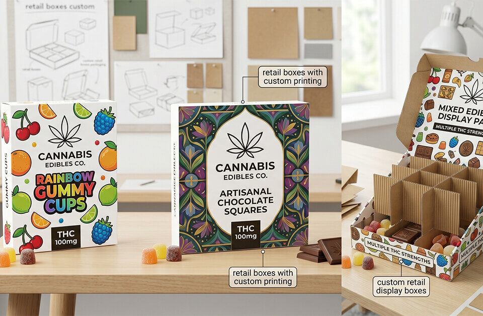 Colorful custom retail boxes and an open display box with dividers for cannabis edibles displayed on a wooden desk.
