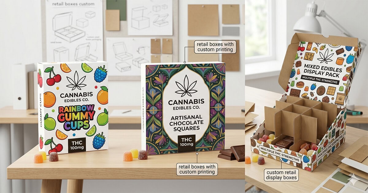 Colorful custom retail boxes and an open display box with dividers for cannabis edibles displayed on a wooden desk.