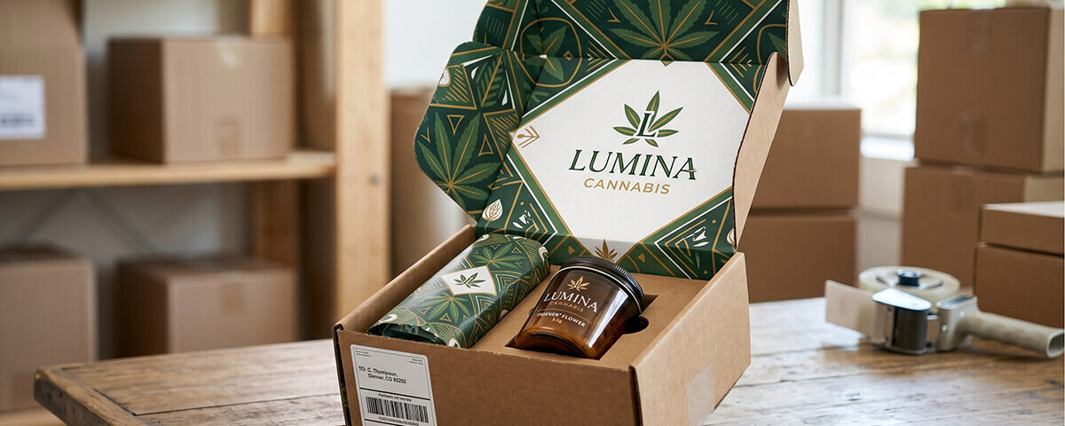 open kraft custom shipping boxes on a table, featuring a plain brown exterior that reveals a vibrant green, cannabis-branded interior with custom inserts holding a glass jar and paper tube.