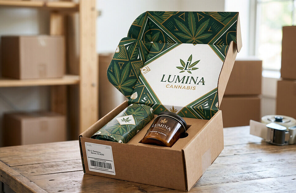open kraft custom shipping boxes on a table, featuring a plain brown exterior that reveals a vibrant green, cannabis-branded interior with custom inserts holding a glass jar and paper tube.