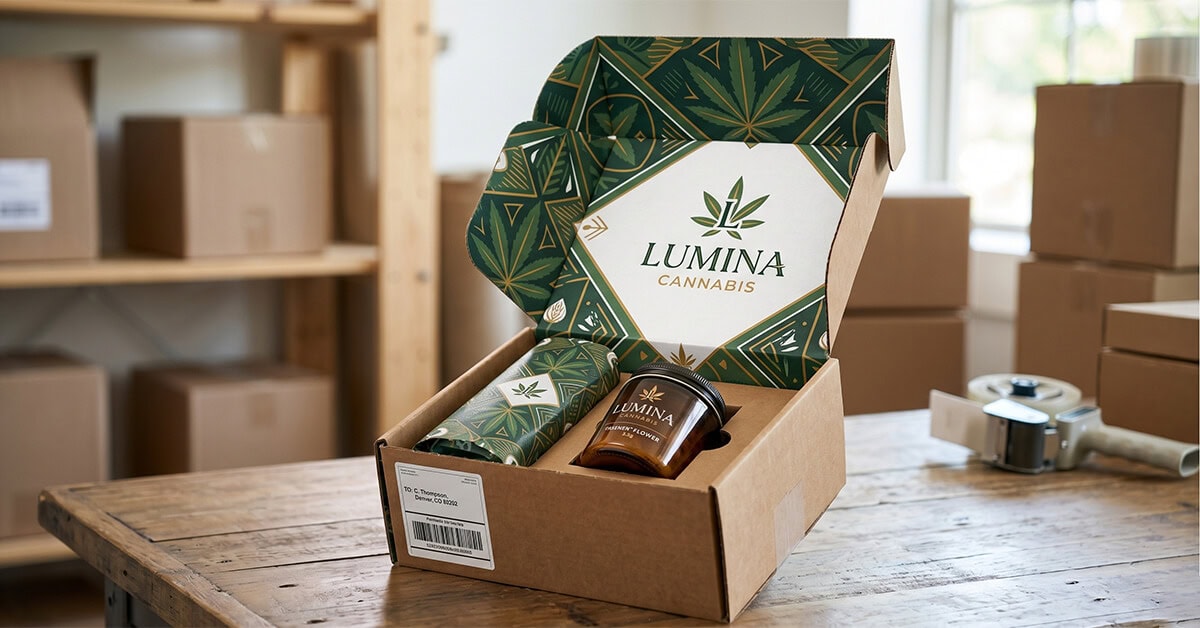 open kraft custom shipping boxes on a table, featuring a plain brown exterior that reveals a vibrant green, cannabis-branded interior with custom inserts holding a glass jar and paper tube.
