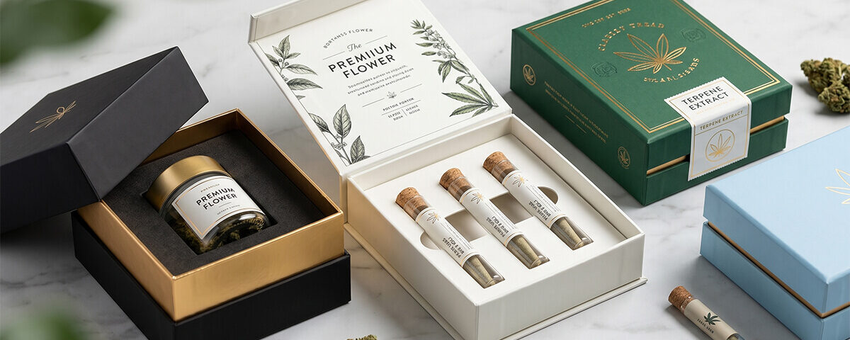 Alt Text: Premium custom two piece boxes displaying luxury cannabis flower jars and pre-roll tubes on a white marble surface.