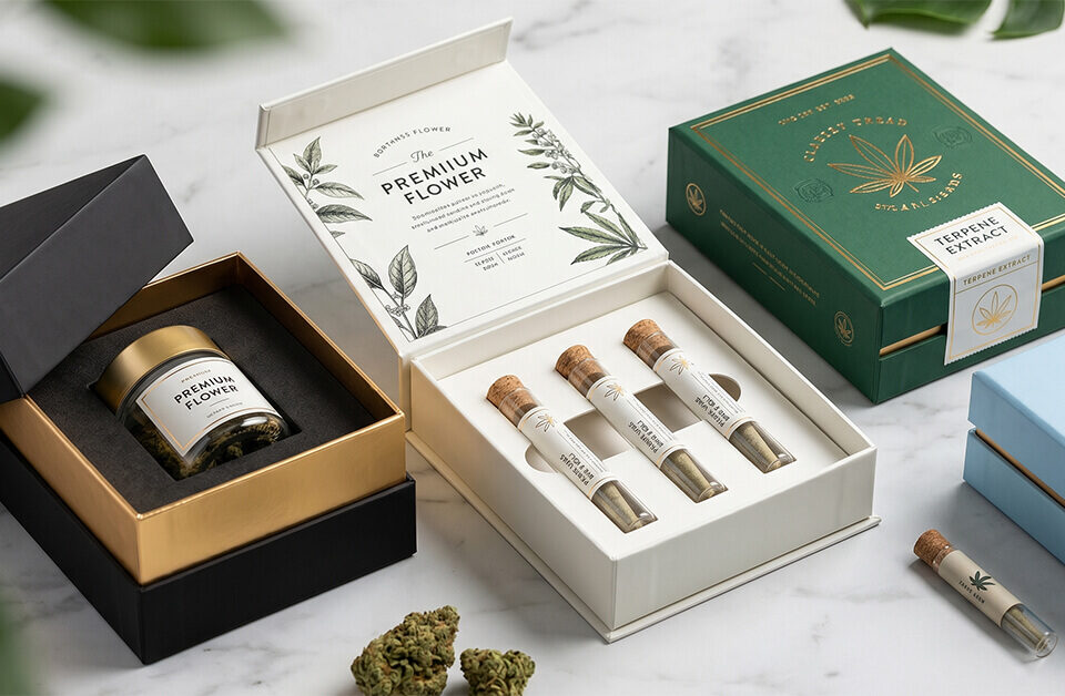 Alt Text: Premium custom two piece boxes displaying luxury cannabis flower jars and pre-roll tubes on a white marble surface.