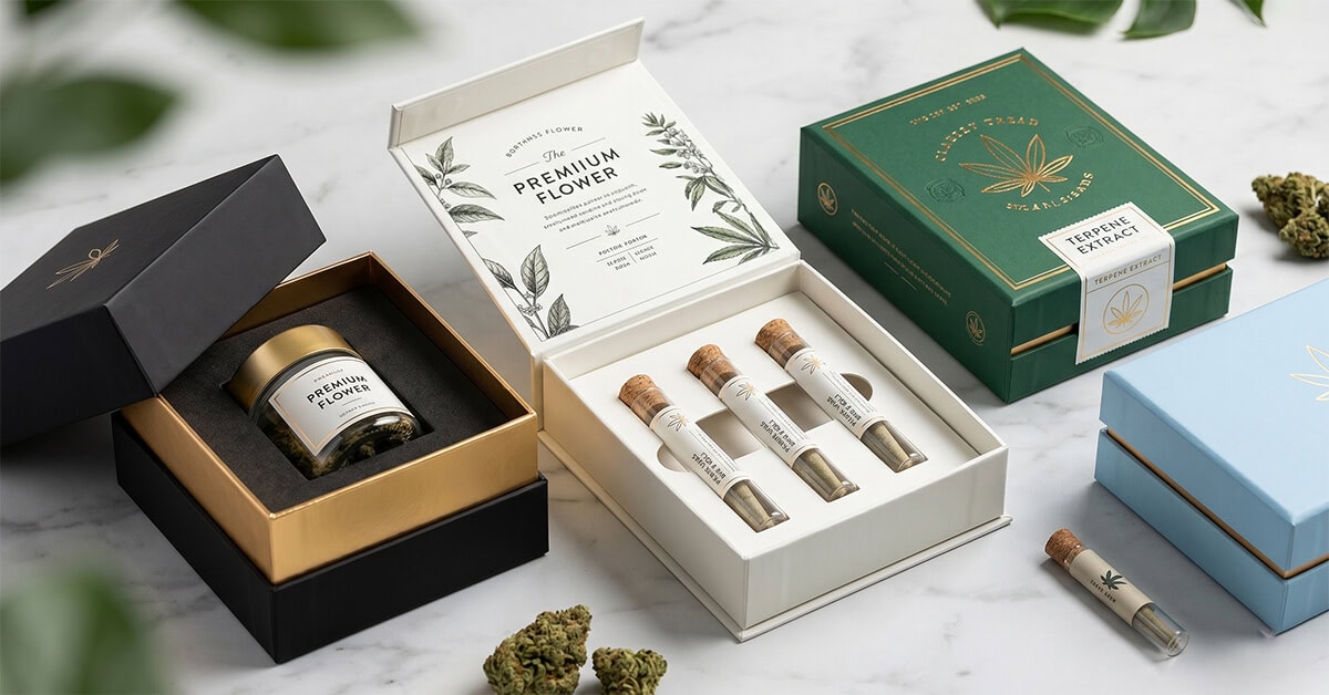 Alt Text: Premium custom two piece boxes displaying luxury cannabis flower jars and pre-roll tubes on a white marble surface.