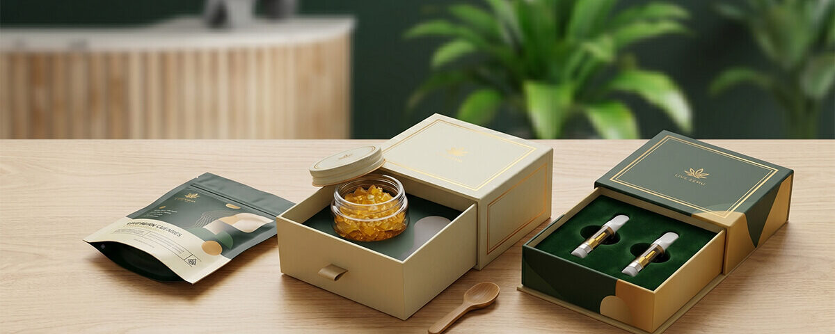 Custom live resin packaging displayed on a wooden table, featuring a printed Mylar bag, an open drawer box holding a glass jar of concentrate, and an open drawer box