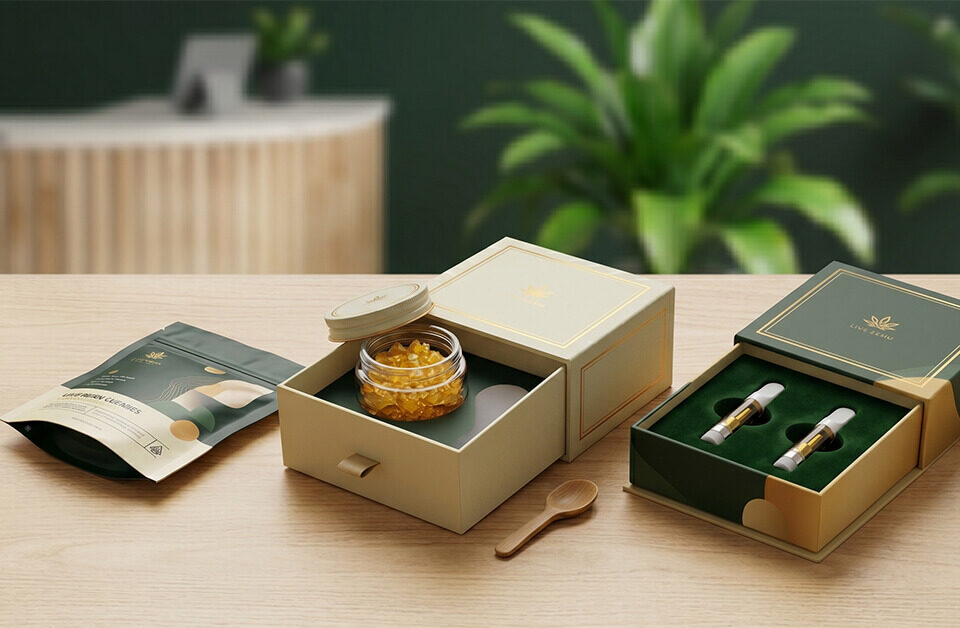 Custom live resin packaging displayed on a wooden table, featuring a printed Mylar bag, an open drawer box holding a glass jar of concentrate, and an open drawer box