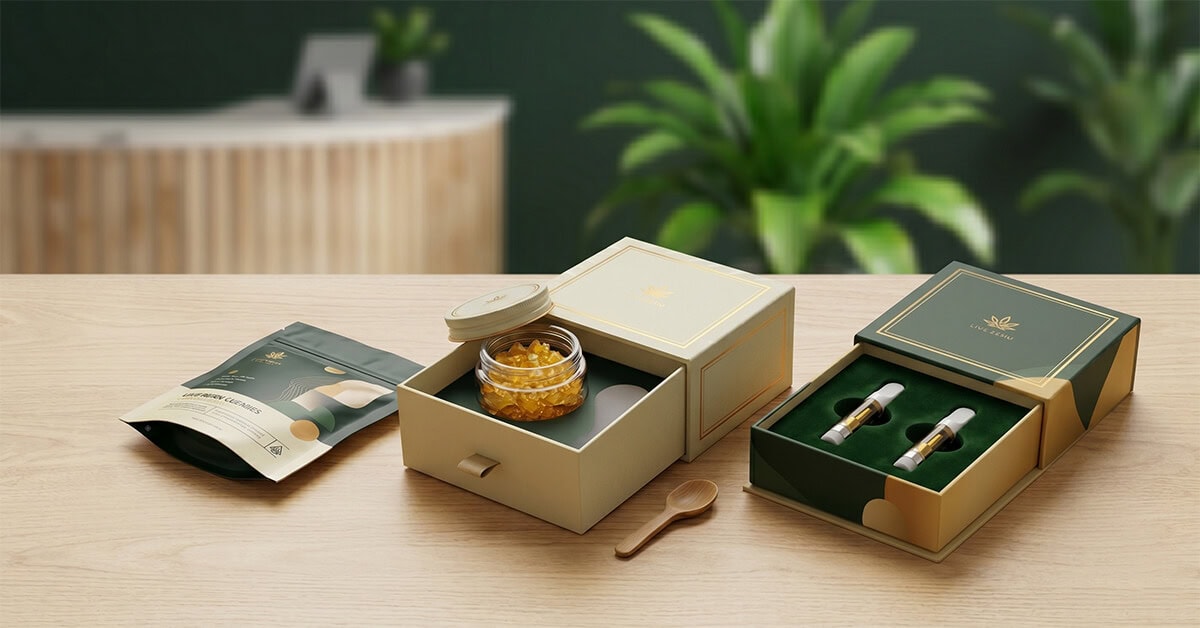 Custom live resin packaging displayed on a wooden table, featuring a printed Mylar bag, an open drawer box holding a glass jar of concentrate, and an open drawer box