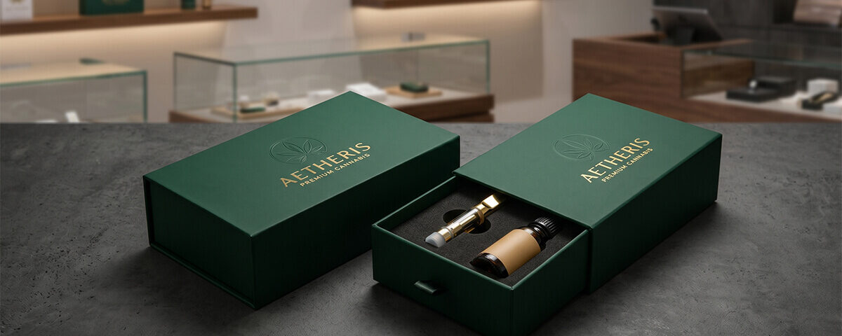 Dark green custom luxury rigid boxes for premium cannabis products, featuring a gold foil logo and a drawer-style design with a custom foam insert holding a vape cartridge and tincture bottle.