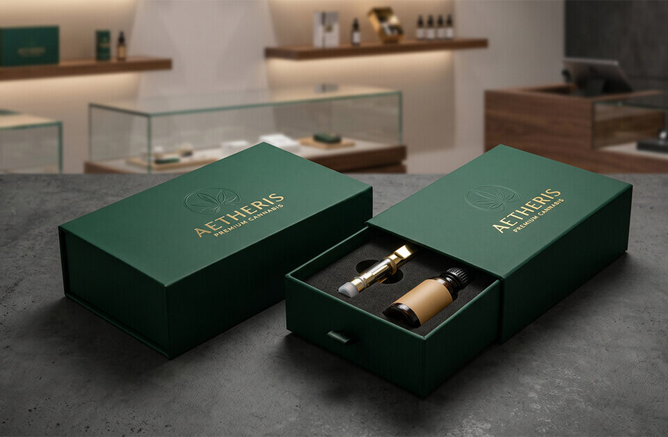 Dark green custom luxury rigid boxes for premium cannabis products, featuring a gold foil logo and a drawer-style design with a custom foam insert holding a vape cartridge and tincture bottle.