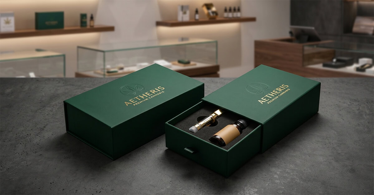 Dark green custom luxury rigid boxes for premium cannabis products, featuring a gold foil logo and a drawer-style design with a custom foam insert holding a vape cartridge and tincture bottle.