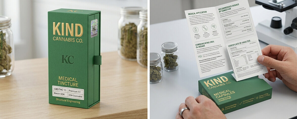 Side-by-side views of green medical cannabis packaging, showing an upright tincture box on a wooden counter and hands reading a detailed patient dosage insert in a clinical setting