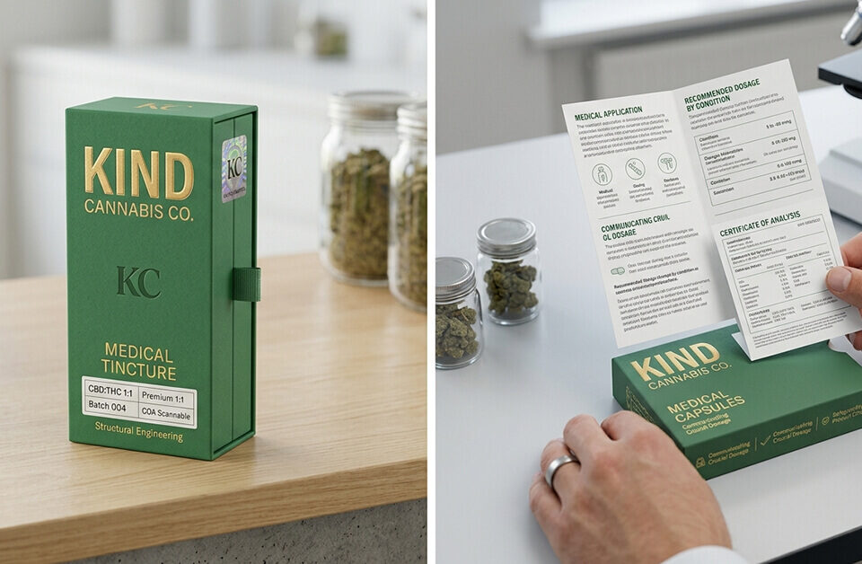 Side-by-side views of green medical cannabis packaging, showing an upright tincture box on a wooden counter and hands reading a detailed patient dosage insert in a clinical setting