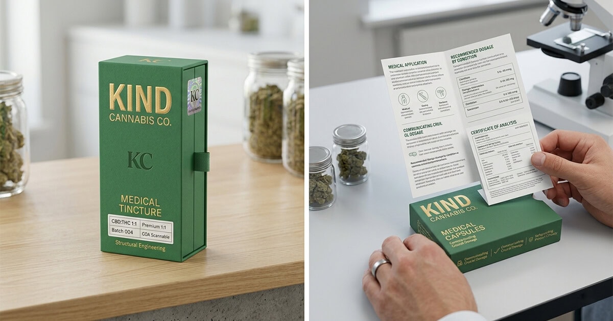 Side-by-side views of green medical packaging design, showing an upright tincture box on a wooden counter and hands reading a detailed patient dosage insert in a clinical setting