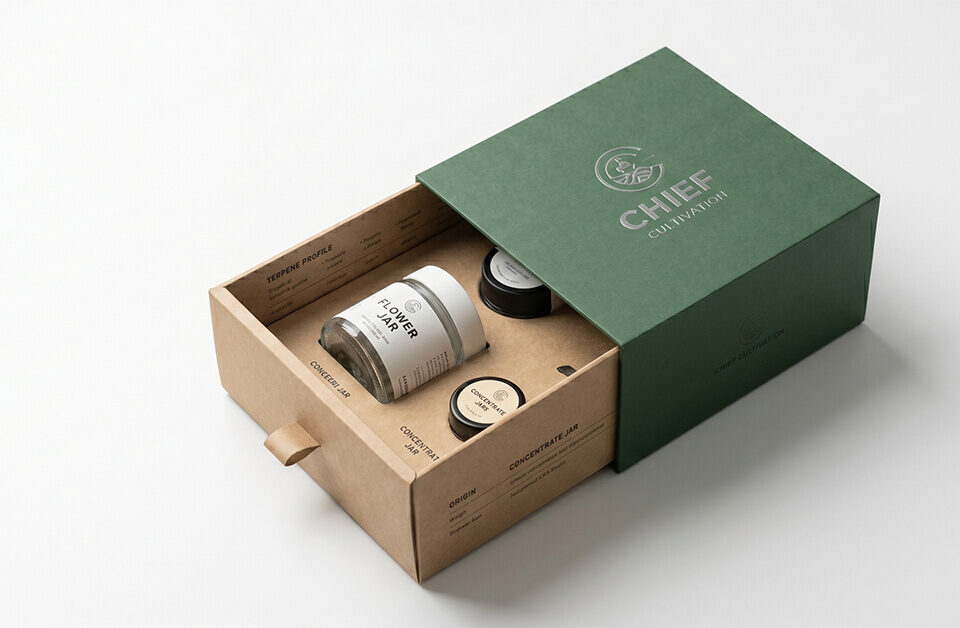 A partially open custom paper drawer box featuring a green outer sleeve and a kraft paper inner tray with custom inserts holding small glass jars, set against a solid white background.