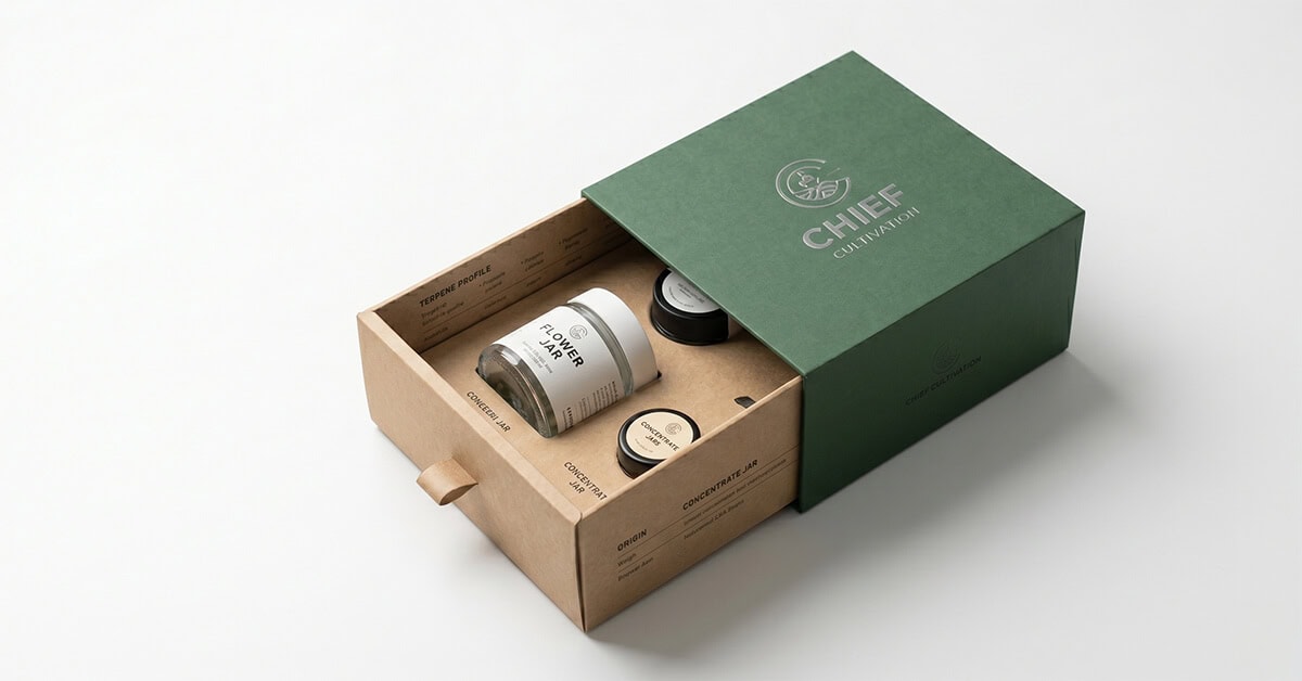 A partially open custom paper drawer box featuring a green outer sleeve and a kraft paper inner tray with custom inserts holding small glass jars, set against a solid white background.