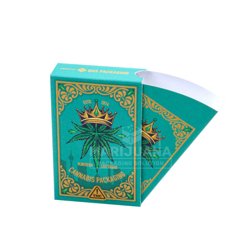 An open Kraft paper pre-roll dispenser box with blue foil accents, showing the innovative side-pull tray design and pre-assembled construction.