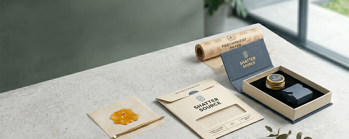 Custom wax shatter packaging solutions including a paper envelope and premium rigid box, displayed with cannabis extract and a dab tool