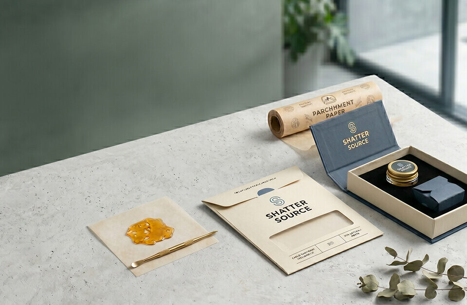 Custom wax shatter packaging solutions including a paper envelope and premium rigid box, displayed with cannabis extract and a dab tool