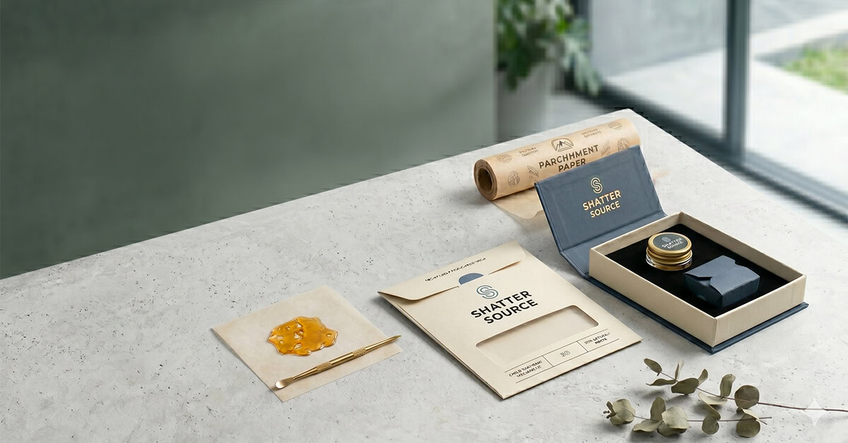 Custom wax shatter packaging solutions including a paper envelope and premium rigid box, displayed with cannabis extract and a dab tool