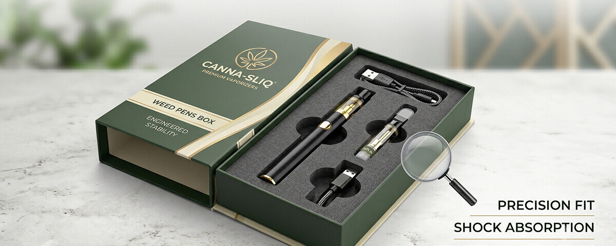 An open custom weed pens box featuring a precision-cut grey foam insert securely holding a vape pen, glass cartridge, and charging cables.