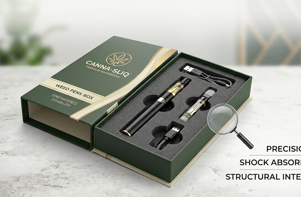An open custom weed pens box featuring a precision-cut grey foam insert securely holding a vape pen, glass cartridge, and charging cables.