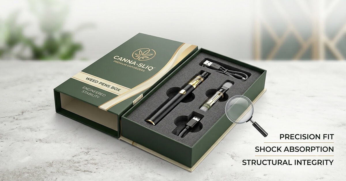 An open custom weed pens box featuring a precision-cut grey foam insert securely holding a vape pen, glass cartridge, and charging cables.
