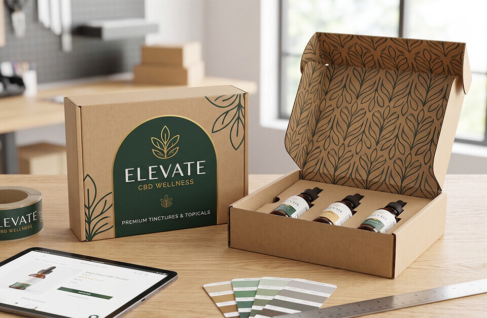 Custom printed kraft CBD mailer boxes on a workspace, showing exterior branding and an open box with protective inserts holding three tincture bottles.