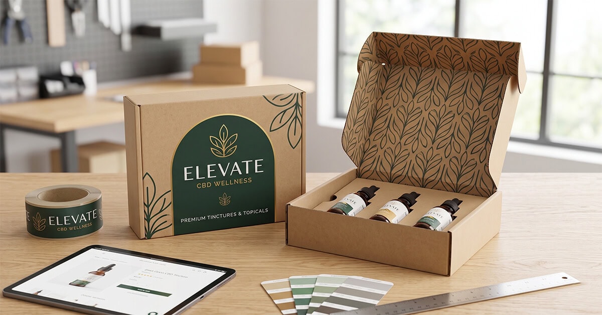Custom printed kraft CBD mailer boxes on a workspace, showing exterior branding and an open box with protective inserts holding three tincture bottles.
