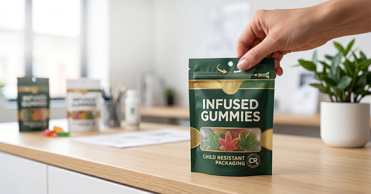 A hand interacting with the safety zipper on green CR gummy bags displaying leaf-shaped edibles.