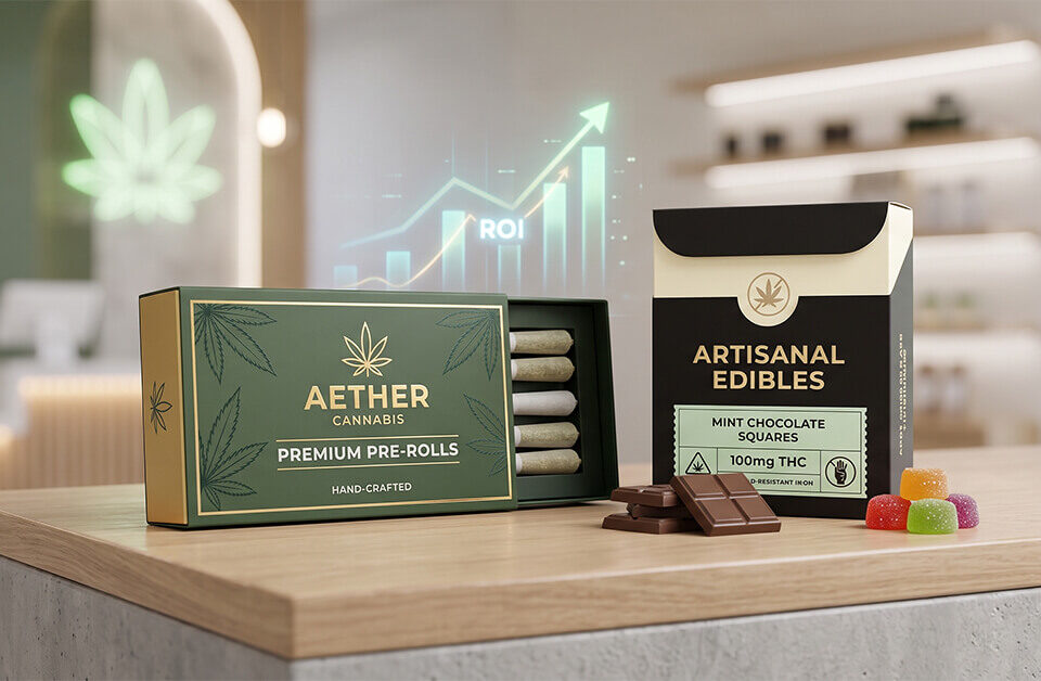 Branded packaging Aether Cannabis pre-rolls and Artisanal Mint Chocolate edibles on a wooden counter inside a modern dispensary.
