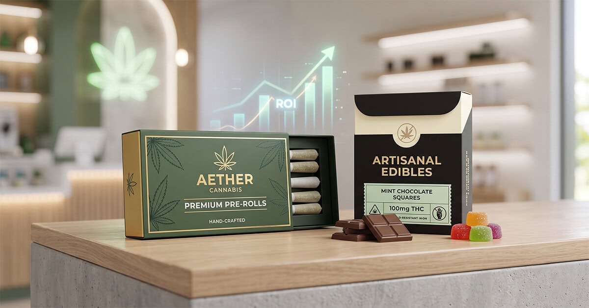 Branded packaging Aether Cannabis pre-rolls and Artisanal Mint Chocolate edibles on a wooden counter inside a modern dispensary.