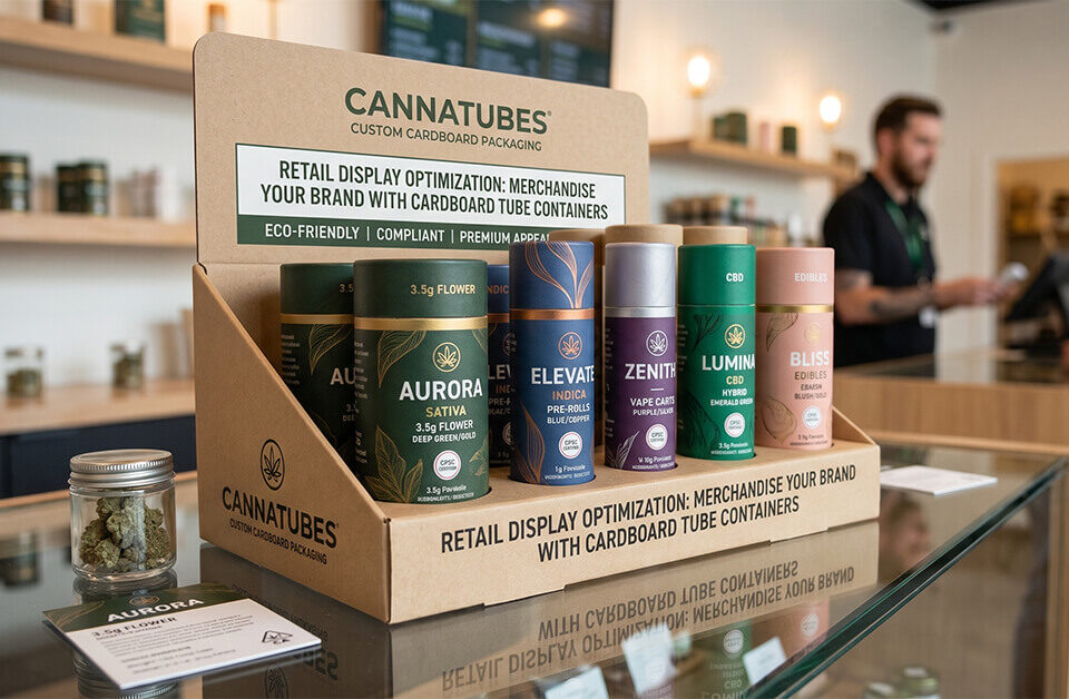 A cardboard point-of-sale display tray holding custom branded cannabis cardboard tube containers on a glass dispensary counter.