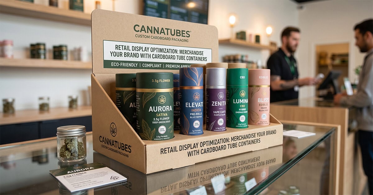 A cardboard point-of-sale display tray holding custom branded cannabis cardboard tube containers on a glass dispensary counter.