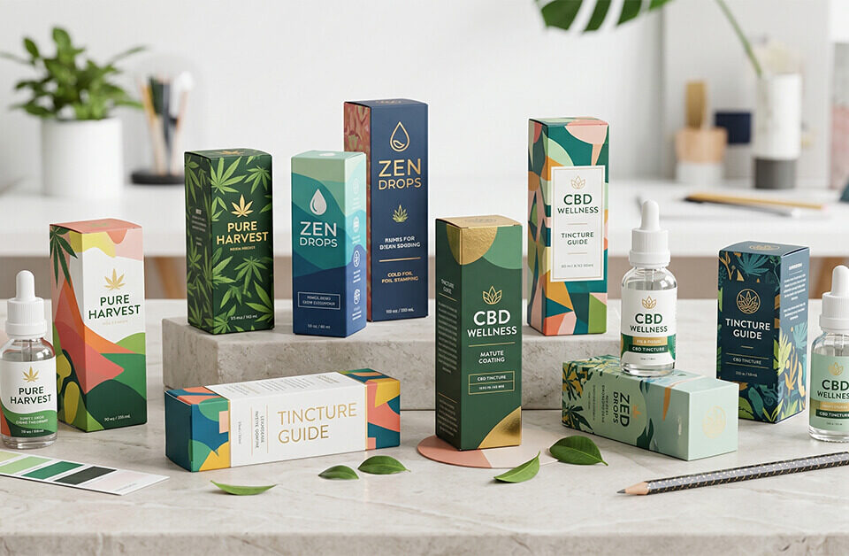 A collection of uniquely designed custom CBD tincture boxes and glass dropper bottles displayed on a bright, modern surface.