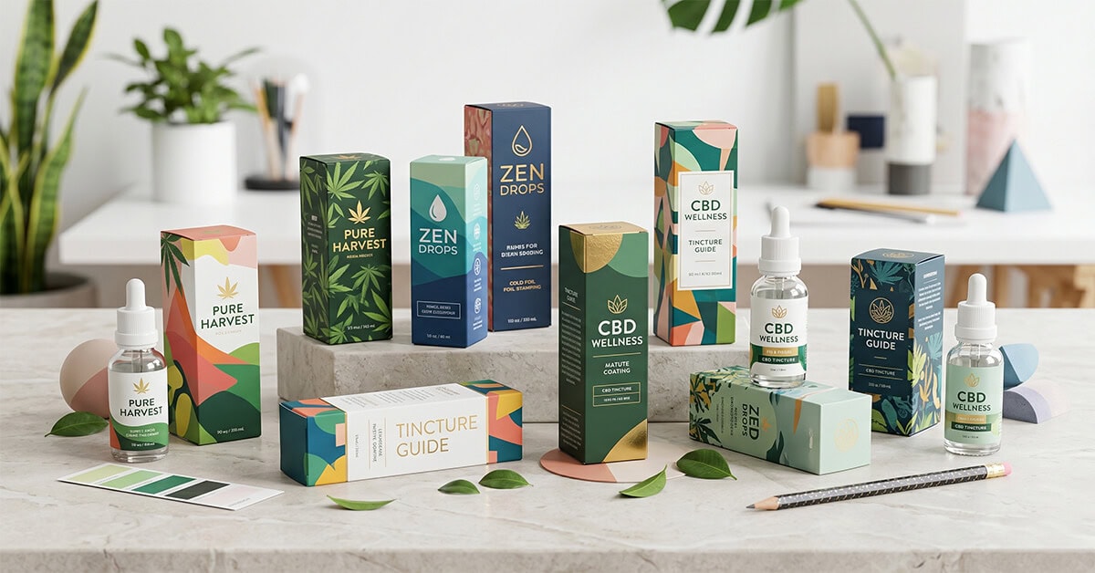 A collection of uniquely designed custom CBD tincture boxes and glass dropper bottles displayed on a bright, modern surface.
