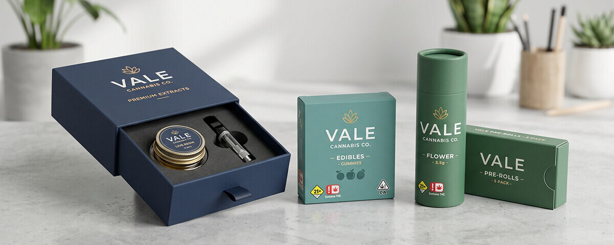 A matching set of premium custom cannabis packaging on a clean counter, featuring a blue rigid drawer box with a custom insert for extracts and a vape cartridge, alongside matching green boxes and a tube for edibles, flower, and pre-rolls.