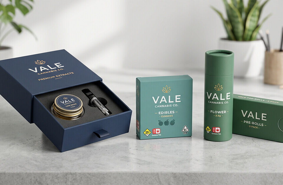 A matching set of premium custom cannabis packaging on a clean counter, featuring a blue rigid drawer box with a custom insert for extracts and a vape cartridge, alongside matching green boxes and a tube for edibles, flower, and pre-rolls.
