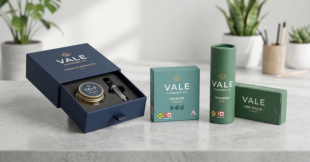 A matching set of premium custom cannabis packaging on a clean counter, featuring a blue rigid drawer box with a custom insert for extracts and a vape cartridge, alongside matching green boxes and a tube for edibles, flower, and pre-rolls.