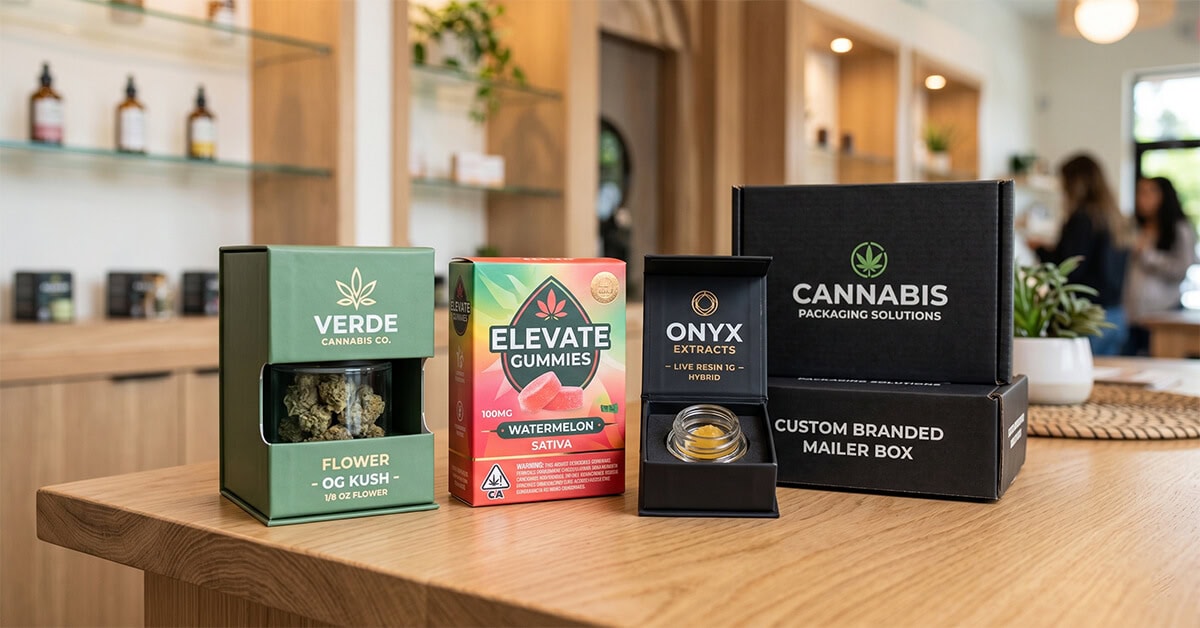 A display of various custom branded cannabis packaging on a wooden dispensary counter, featuring tailored boxes for flower, edible gummies, extracts, and branded mailers.