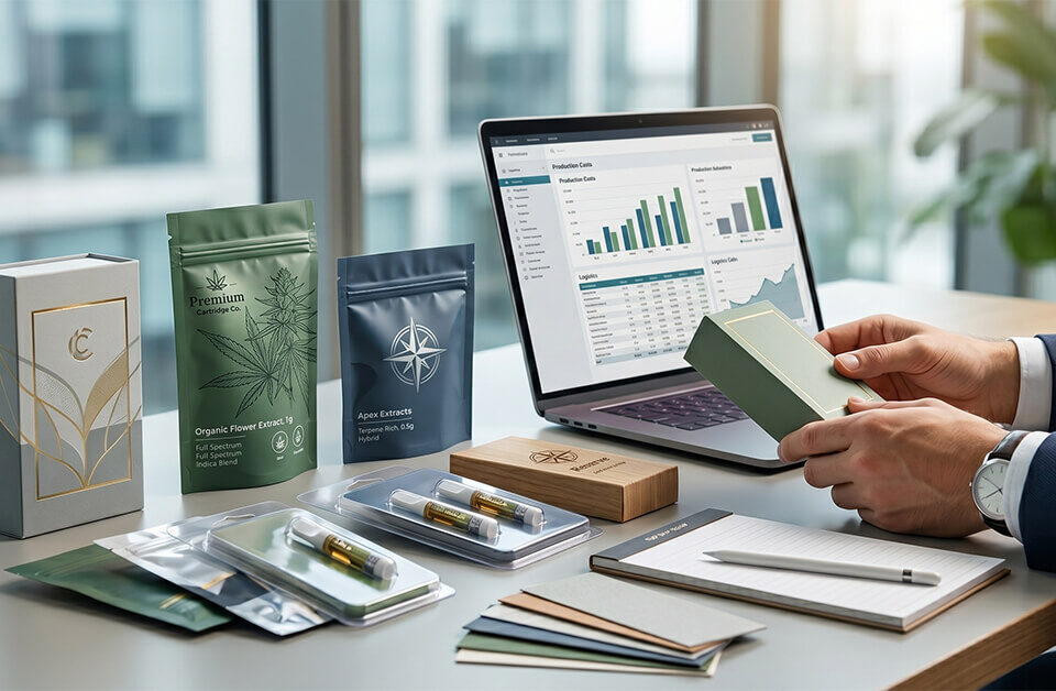 A person in a suit sits at a modern office desk, holding a small green box and examining a laptop displaying data charts. Various custom cartridge packaging types (boxes, pouches, blister packs) and fabric swatches are arranged on the desk. A city skyline is visible through a large window.