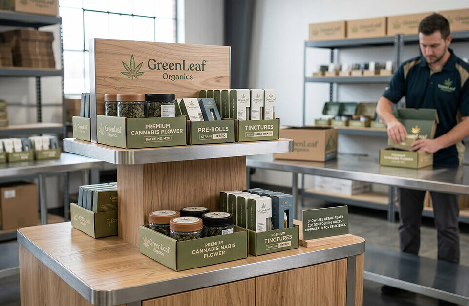 A retail display showcasing fully assembled custom folding boxes for cannabis products, with a worker packing boxes in the background.
