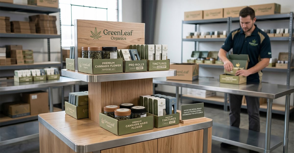 A retail display showcasing fully assembled custom folding boxes for cannabis products, with a worker packing boxes in the background.